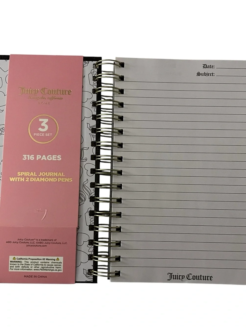 Juicy Couture Spiral Journal with Black & Gold Diamond Pens
